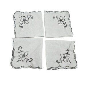 Vintage Set Of 4 Embroidered Linen Napkins With Floral Design MCM Off White Gray